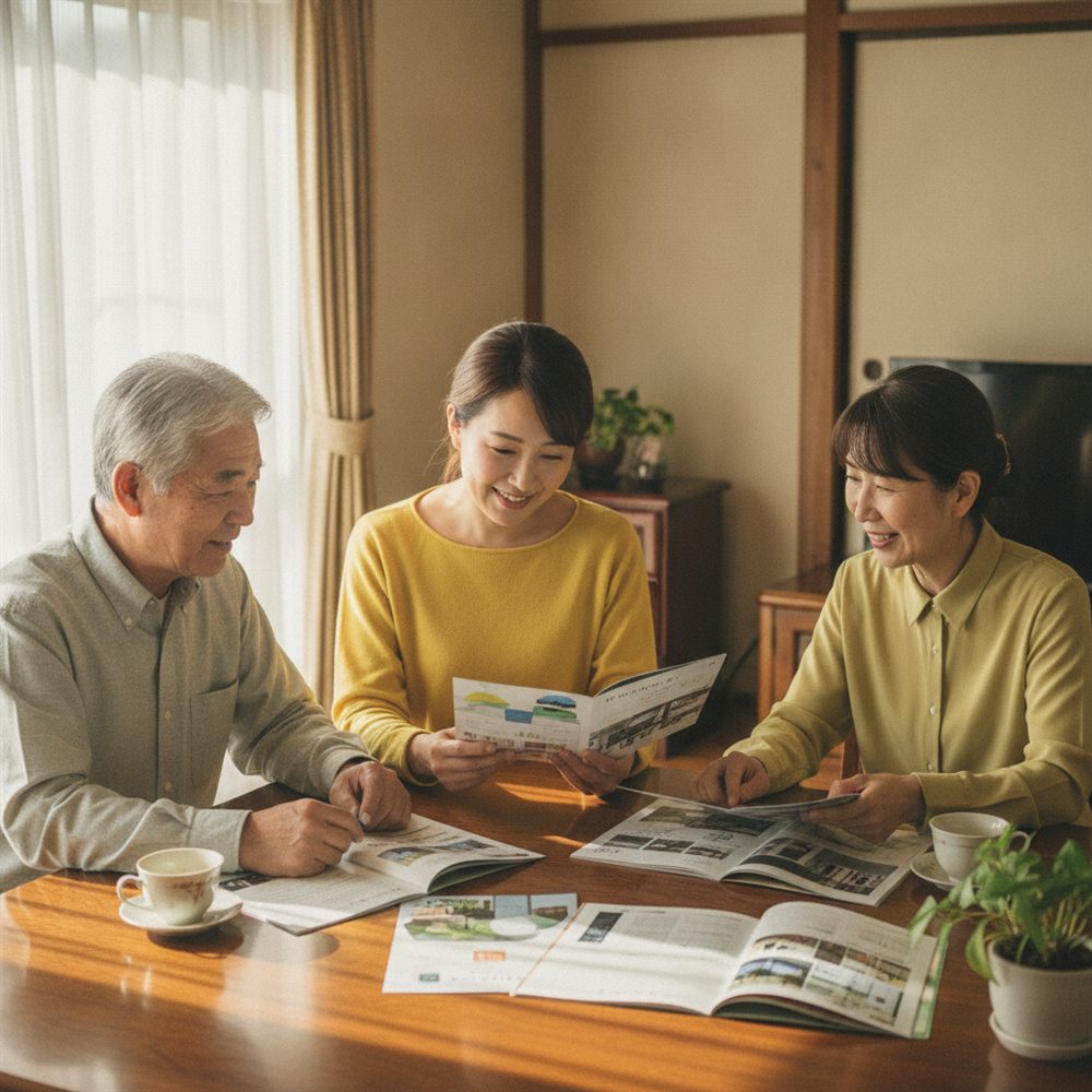 相談員とパンフレットを見比べる家族