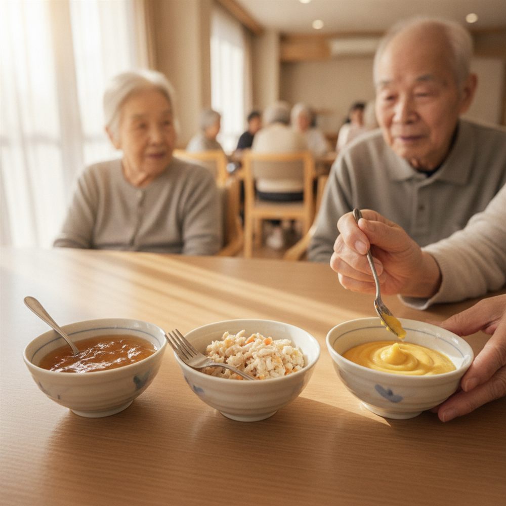 とろみをつけた食事や刻み食など段階的な食事形態が並ぶ様子