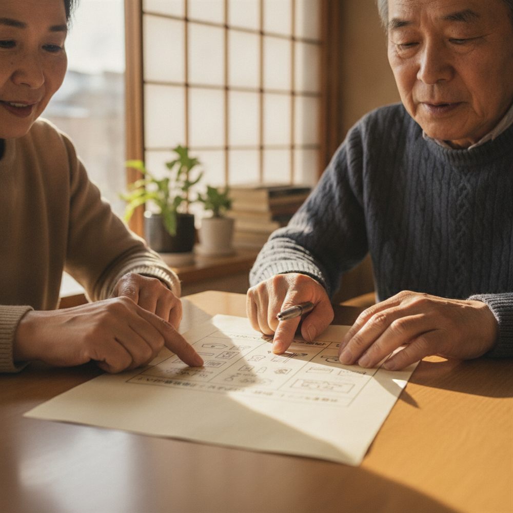施設タイプごとの特徴を表で比較しながら相談する様子