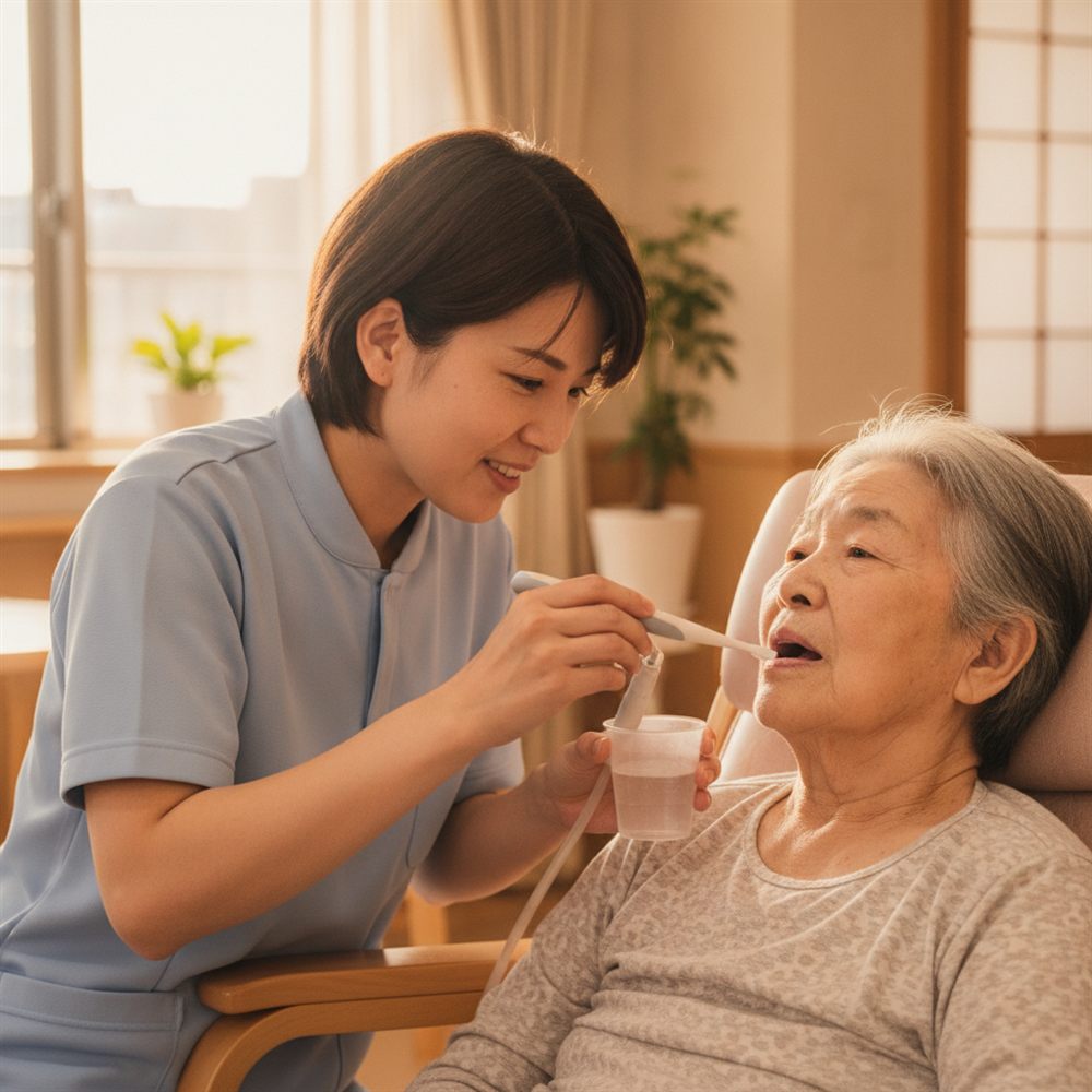 介護スタッフが高齢者の口腔ケアを丁寧に行っている様子