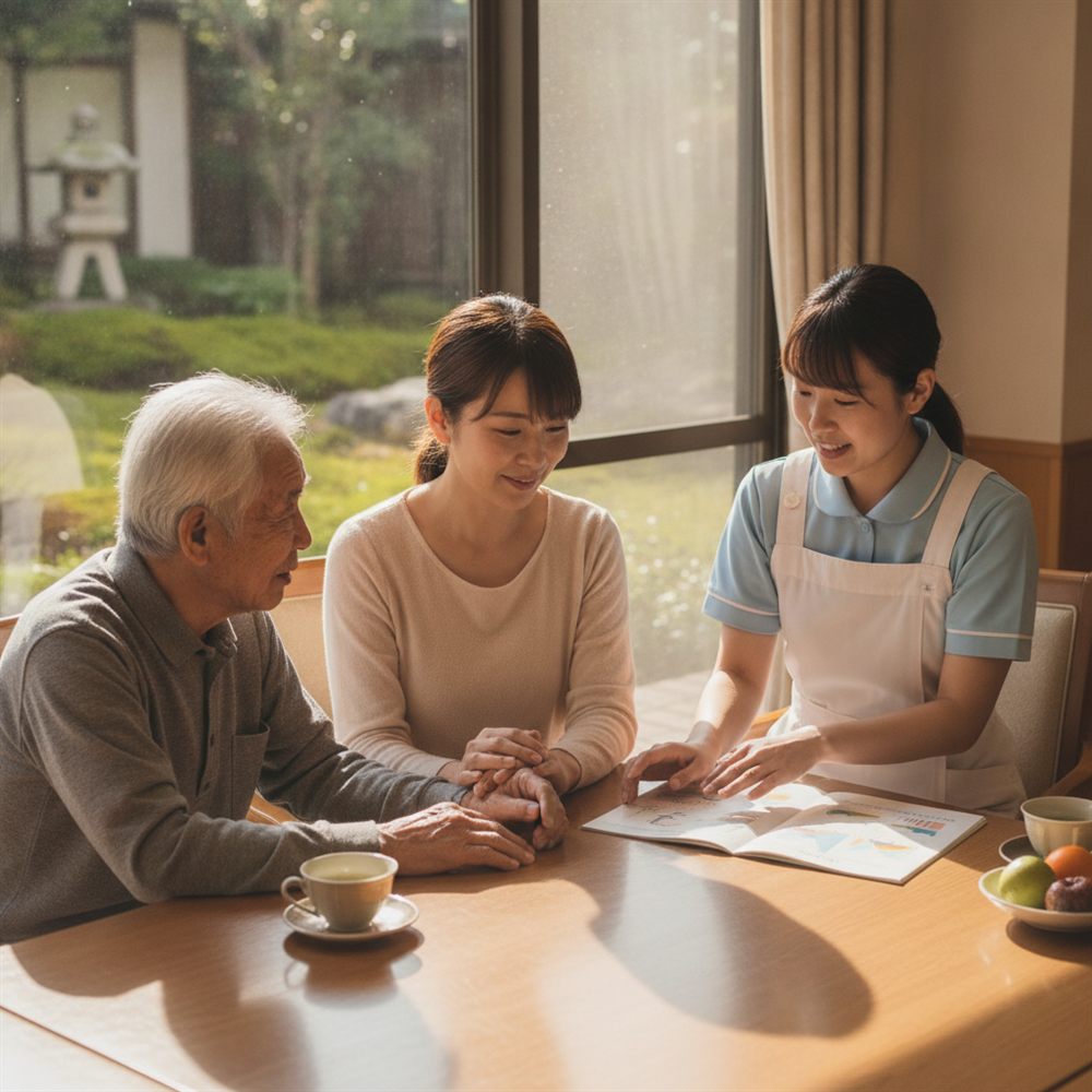 家族と看護師が血糖管理の方針を一緒に確認している様子