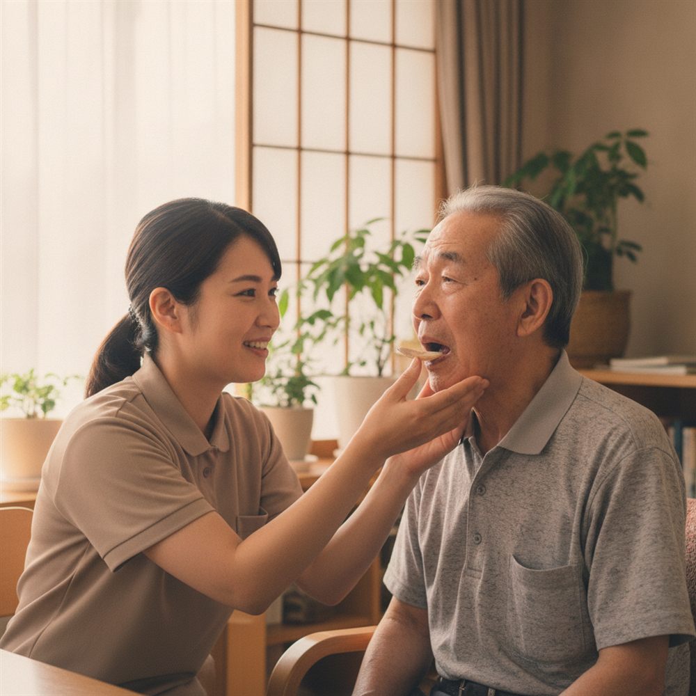 言語聴覚士が入居者の口や喉の動きを確認しながら嚥下評価をする様子