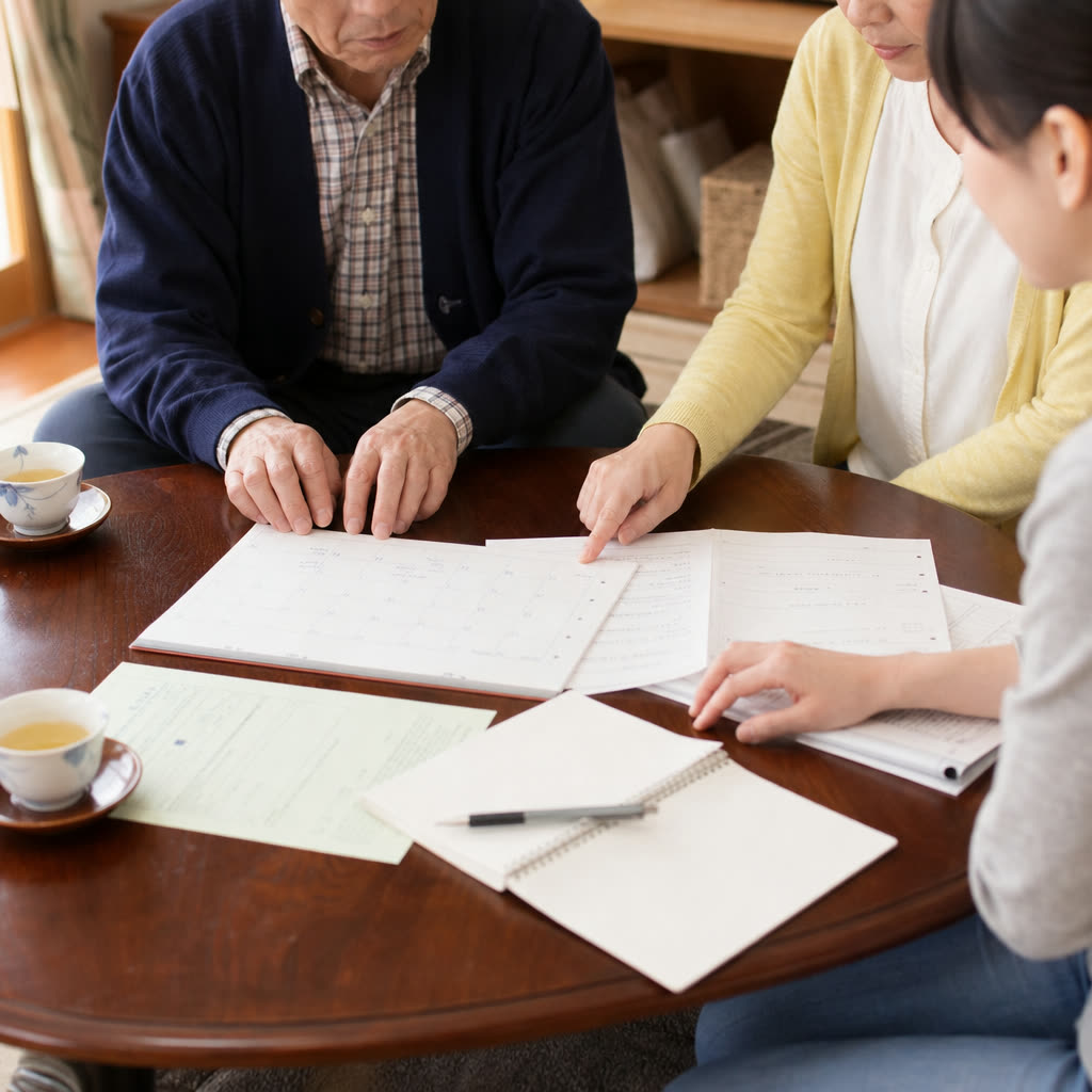 居間のちゃぶ台に広げた介護保険の書類とカレンダー