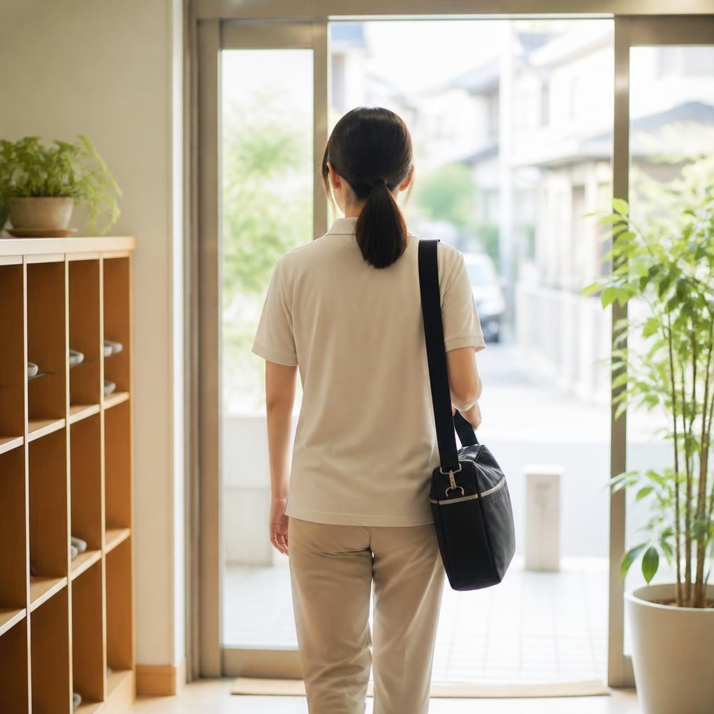 訪問看護のバッグを持って施設の玄関に到着した看護師のイメージ