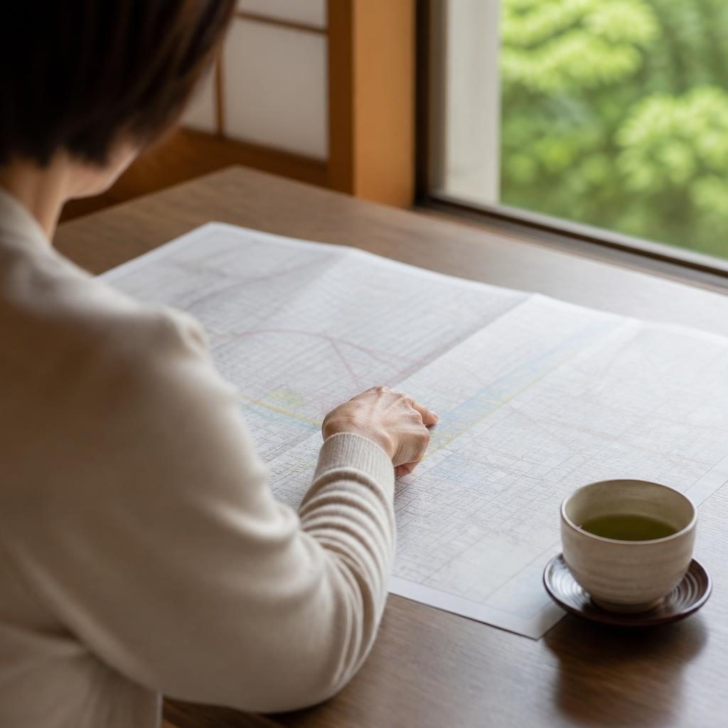テーブルに広げた地図の上で通いやすい範囲を指で示している手元のイメージ
