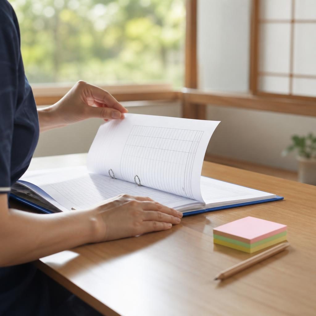 介護記録のファイルを机に広げて確認している手元のイメージ